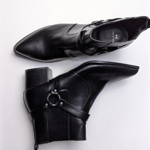 H Halston Buckle Vegan Leather Western Bootie Black